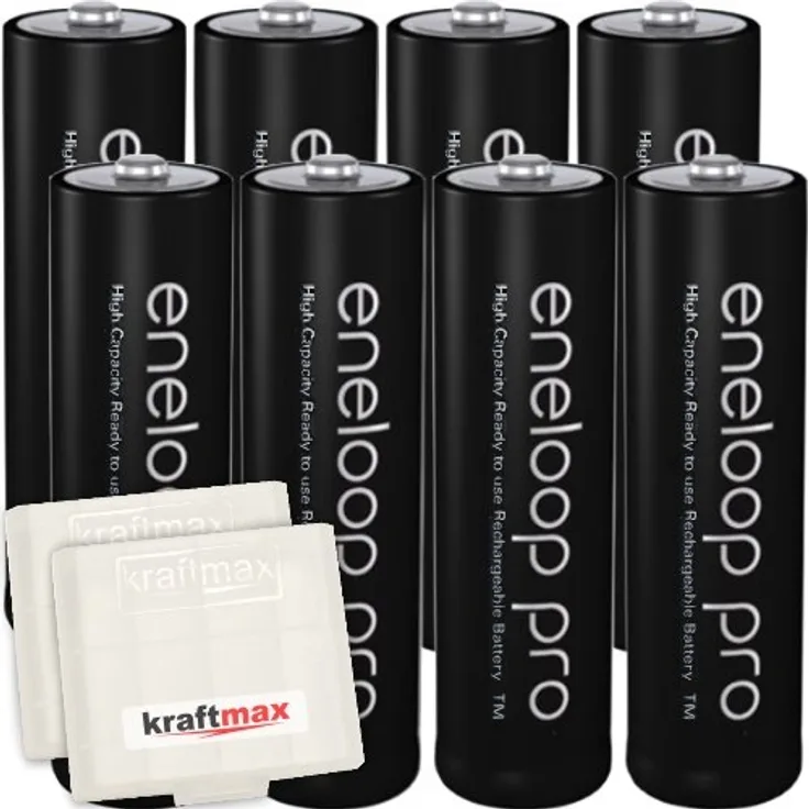 Kraftmax 8er-Pack Panasonic Eneloop PRO XX AA / Mignon Akkus Neueste Generation 2550 mAh(min 2500 mAh) Hochleistungs Akku Batterien in Kraftmax Akkubox V5, 8er Pack