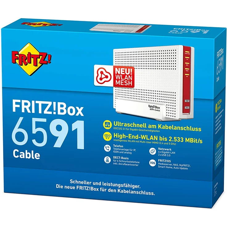 AVM Fritz!Box 6591 Cable WLAN AC + N Router (DOCSIS-3.1-Kabelmodem, Dual-WLAN Ac+N (MU-MIMO) mit 1.733 (5 GHz) + 800 Mbit-S (2, 4 GHz), VoIP-Telefonanlage) – Bild 3