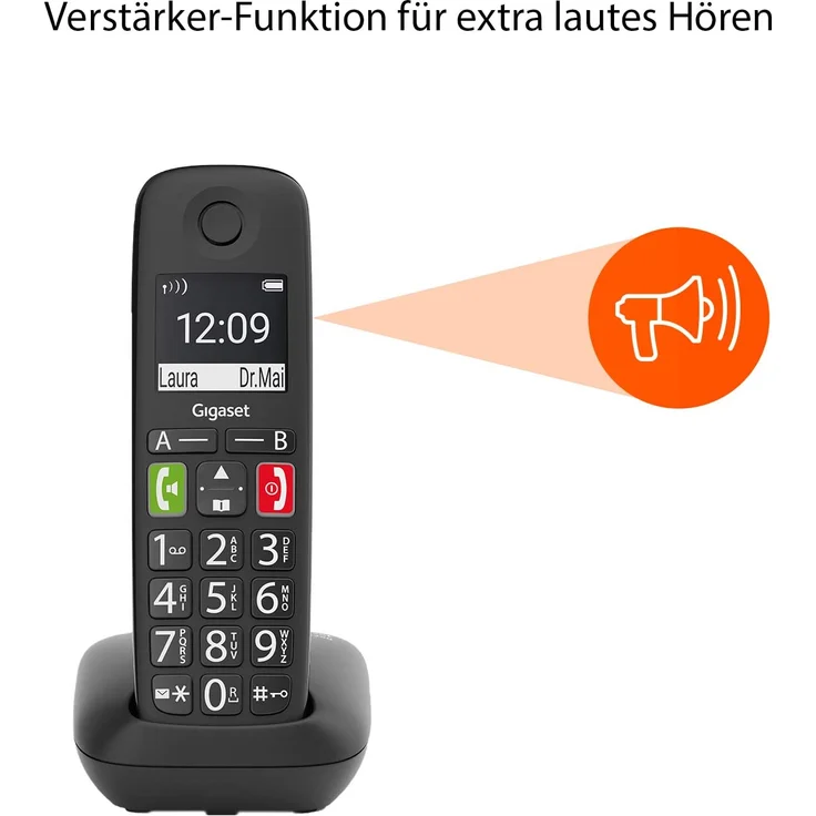 Gigaset E290 - Schnurloses Senioren-Telefon ohne Anrufbeantworter mit großen Tasten - großes Display, Zielwahltasten für wichtige Nummern, Verstärker-Funktion für extra lautes Hören, Analog-Telefon, schwarz – Bild 2
