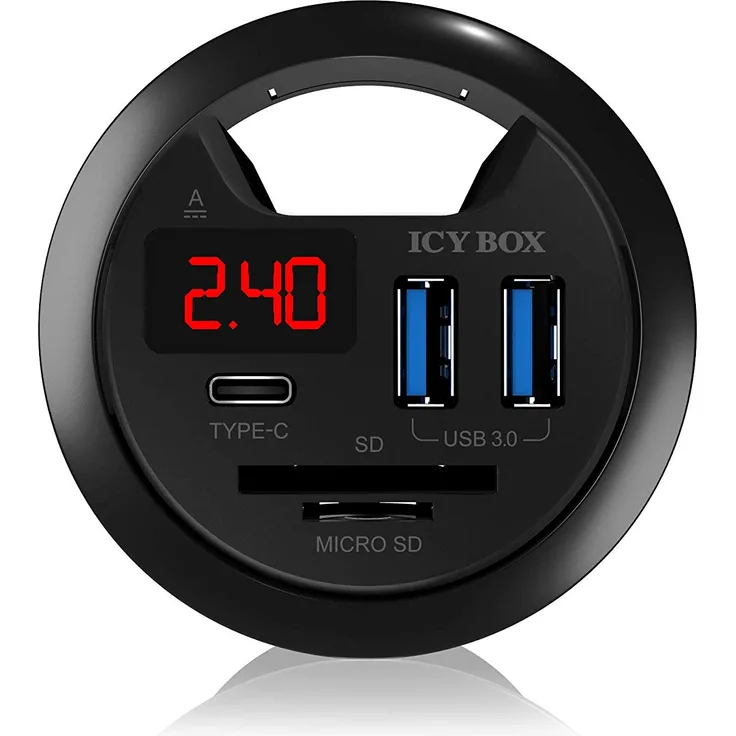 ICY BOX USB Tisch Hub zum Einbau, 60 mm, USB 3.0 Hub, USB-C, Ladefunktion, Kartenleser, Display mit Netzteil