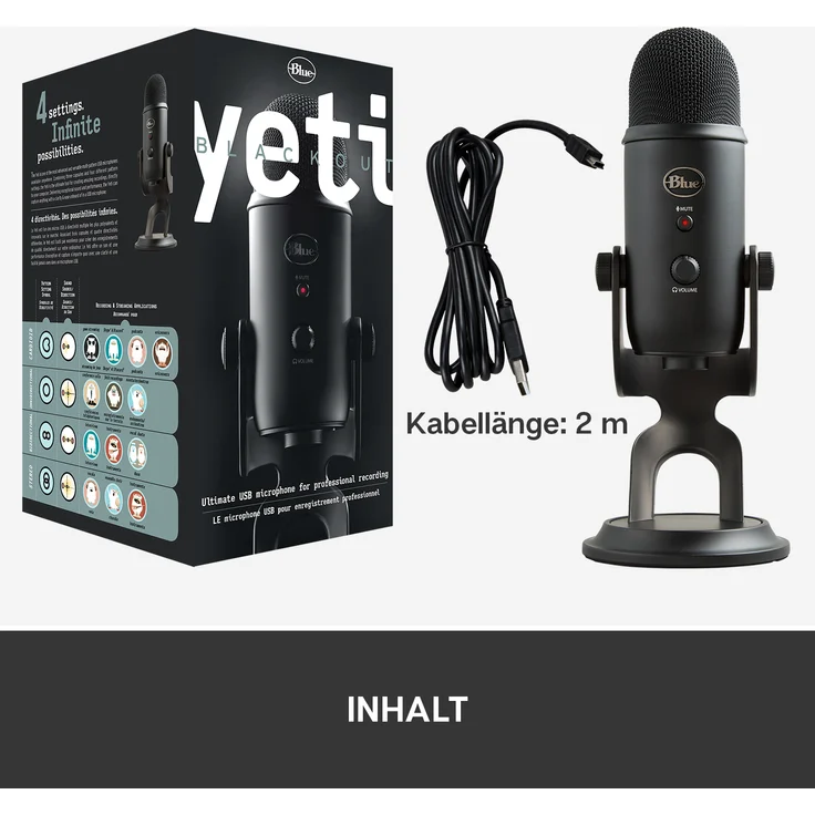 Blue Microphones Yeti USB-Mikrofon (für Aufnahme und Streaming auf PC und Mac, Drei Kondensatorkapseln, Vier Richtcharakteristiken, Kopfhörer-Ausgangs- und Lautstärkesteuerung,Plug und Play) blackout – Bild 2