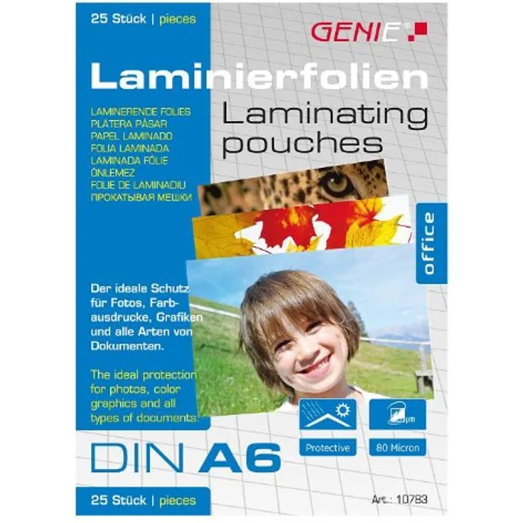 Genie 10783 Laminierfolien (glasklar, 80 Mikron, Formate bis zu DIN A6, geeignet für alle Heißlaminiergeräte) 25er Pack