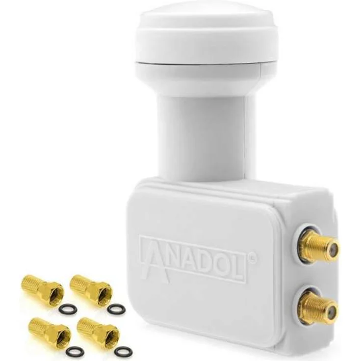 Anadol Gold Line TWIN LNB Digital 4K 0.1dB für 2 Teilnehmer Direkt Anschluss Dual 2fach FULL HD TV 3D 4K + Kontakte vergoldet + Wetterschutz (ausziehbar) im SET mit 4 F-Stecker vergoldet  – Bild 3