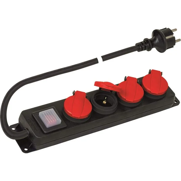 Poly Pool PP2508 Mehrfachsteckdose für den Außenbereich, IP44 mit 4 Schuko-Steckdosen 16 A, mit Schutzabdeckungen, Stecker 16 A, Standard französisch, 1,5 m Kabel, Schwarz-Rot