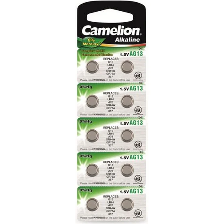 Camelion AG13-BP10 Alkaline Knopfzellen ohne Quecksilber AG13-LR44-LR1154-357, 1,5 Volt, 10er-Pack – Bild 1