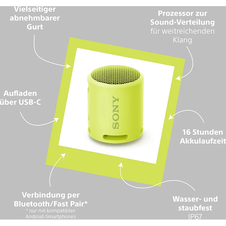 Sony SRS-XB13 Bluetooth-Lautsprecher, tragbar, Extra Bass, 16 Stunden Akkulaufzeit, wasserfest (IP67), Gelb – Bild 6