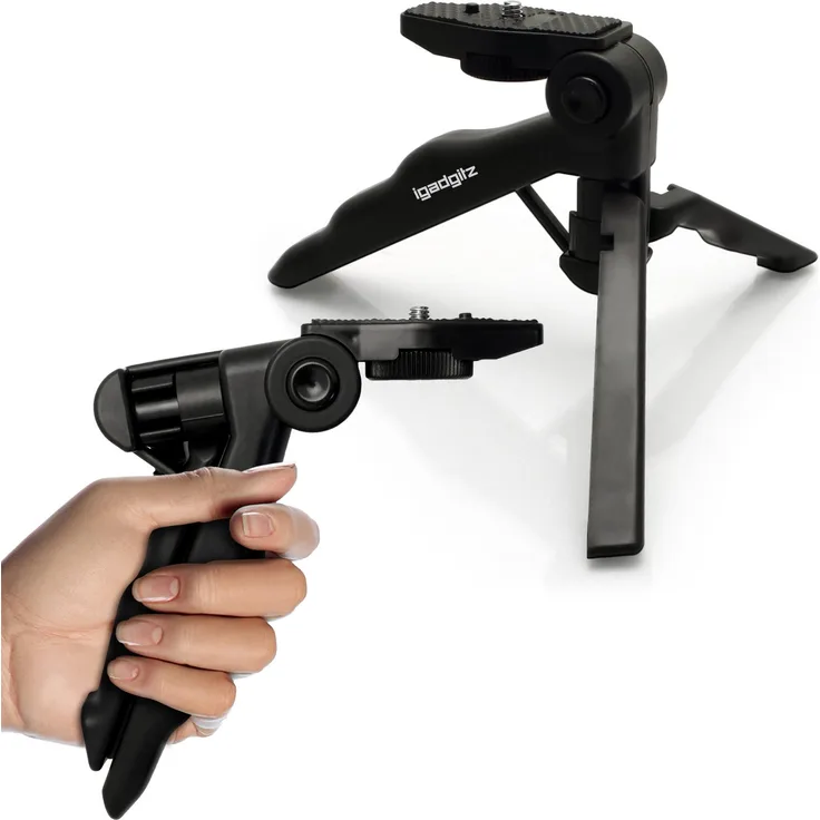 igadgitz 2-in-1 Pistolengriff Stabilisator und Kompaktes Dreibeiniges Mini-Tischstativ für Digitalkamera, DSLR, Videokamera und Kamerarekorder