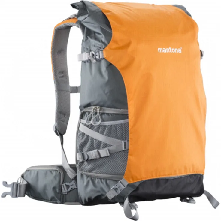 Mantona ElementsPro 50 Outdoor und Kamerarucksack (geeignet für 1 bis 2 Kameras, 4 bis 5 Objektive, Netzteil und Zubehör, Laptop-Fach bis 15 Zoll, aus praktischem Nylon mit Regenschutz) grau-orange
