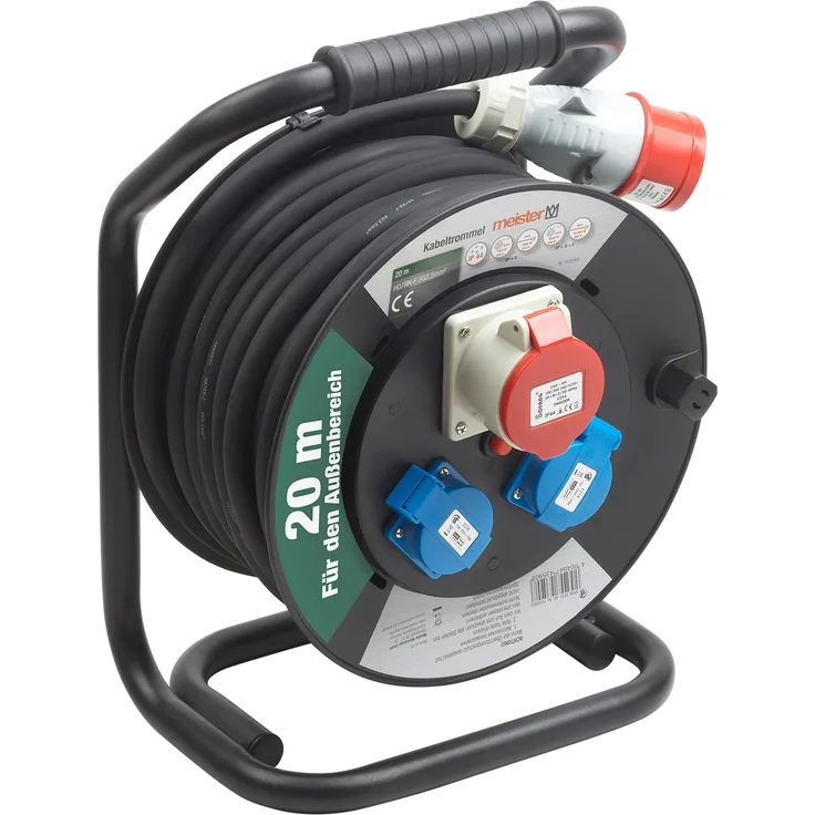 Meister Kabeltrommel H07RN-F3G2,5, IP44 - 20 m Kabel - Thermoschutz-Schalter - Outdoor - Kabelrolle mit E- & Schuko-Steckdosen - Kabelbox mit Verlängerungskabel - Leitungsroller mit Kurbel - 7435900