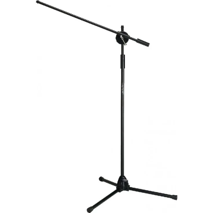 IMG STAGELINE MS-40-SW Mikrofon-Bodenstativ, Mikrofonständer mit längenverstellbarem, schwenkbarem Ausleger und trittschallgedämpften Klappfüßen, Gewinde 9 mm (3-8'') und 16 mm (5-8''), in Schwarz