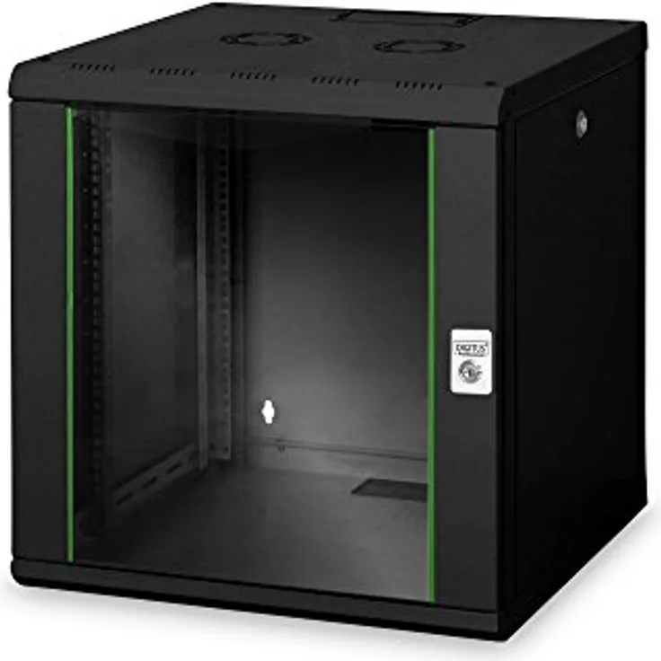 DIGITUS Netzwerk-Schrank 19 zoll 12 HE - Wandmontage - 600 mm Tiefe - Traglast 100 kg - Unique Serie - Glastür - Schwarz