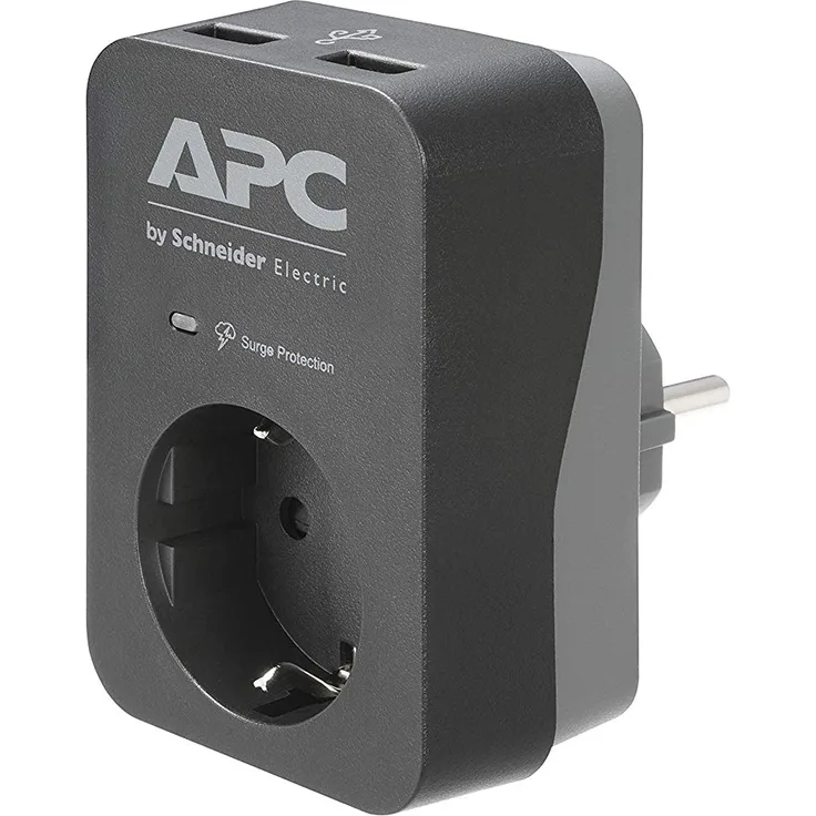 APC Surge Protector - PME1WU2B-GR - Steckdosenadapter mit Überspannungsschutz (1 Stecker Schuko, 2 USB-Ladeausgänge, schwarz)