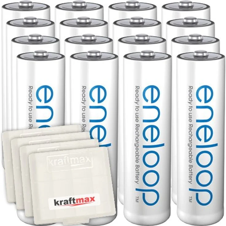 Kraftmax 16er-Pack Panasonic Eneloop AA / Mignon Akkus Neueste Generation Hochleistungs Akku Batterien in Kraftmax Akkuboxen V5, 16er Pack