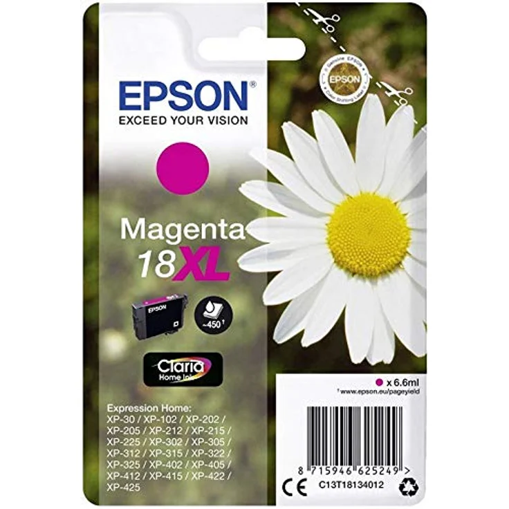 Epson Orginal 18XL Tinte Gänseblümchen, XP-305 XP-402 XP-215 XP-312 XP-315 XP-412 XP-415 XP-225 XP-322 XP-325 XP-422 XP-425, Normalverpackung, XL, (magenta) – Bild 1