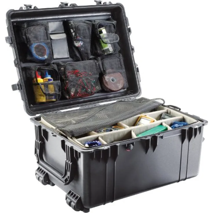 PELI 1630 Transportkoffer mit Kugelgelagerten Polyurethanlaufrollen mit Edelstahllagern, IP67 Wasser- und Staubdicht,148L Volumen, Hergestellt in den USA, Mit Schaumstoffeinlage (Anpassbar), Schwarz