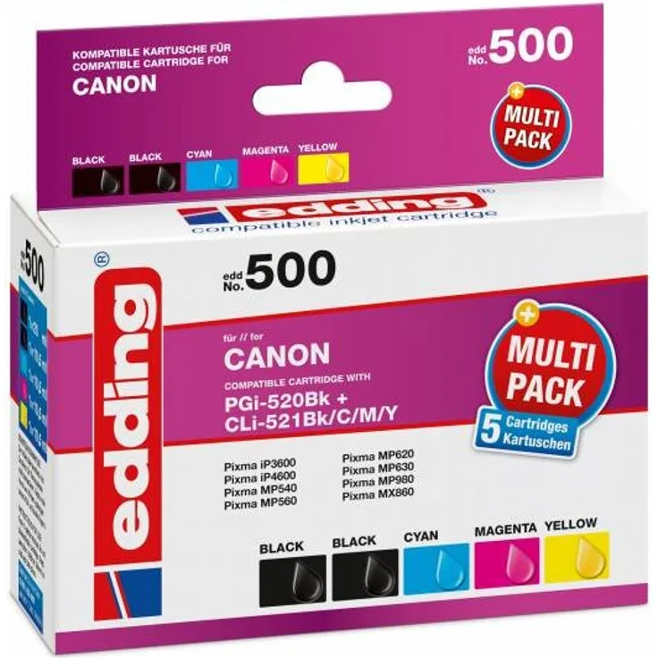 edding Tintenpatrone EDD-500 ersetzt Canon PGI-520-CLI-521BK-C-M-Y Multipack 5 - 2x Schwarz, Cyan, Magenta, Gelb - 1x 20ml + 4x 10,5ml