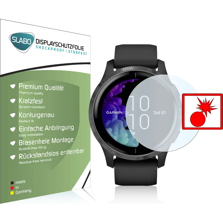 2x Slabo Panzerschutzfolie für Garmin Venu KLAR "Shockproof" (verkleinerte Folien) Displayfolie Schutzfolie Folie