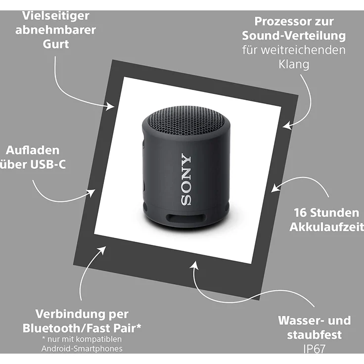 Sony SRS-XB13 Bluetooth-Lautsprecher, tragbar, Extra Bass, 16 Stunden Akkulaufzeit, wasserfest (IP67), Schwarz  – Bild 5