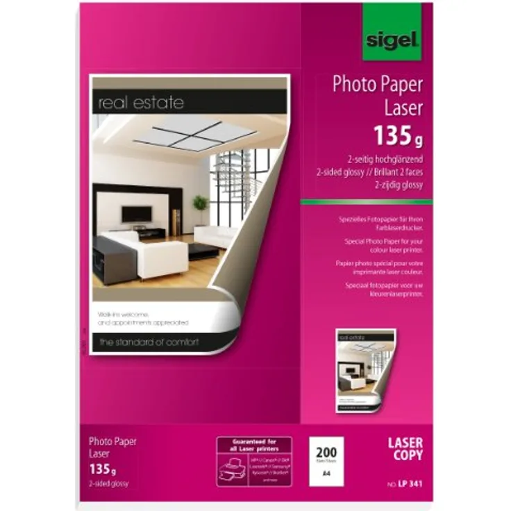SIGEL LP341 Fotopapier für Laser - Kopierer, A4, 200 Blatt, hochglänzend, beidseitig bedruckbar, 135 g - weitere Grammaturen