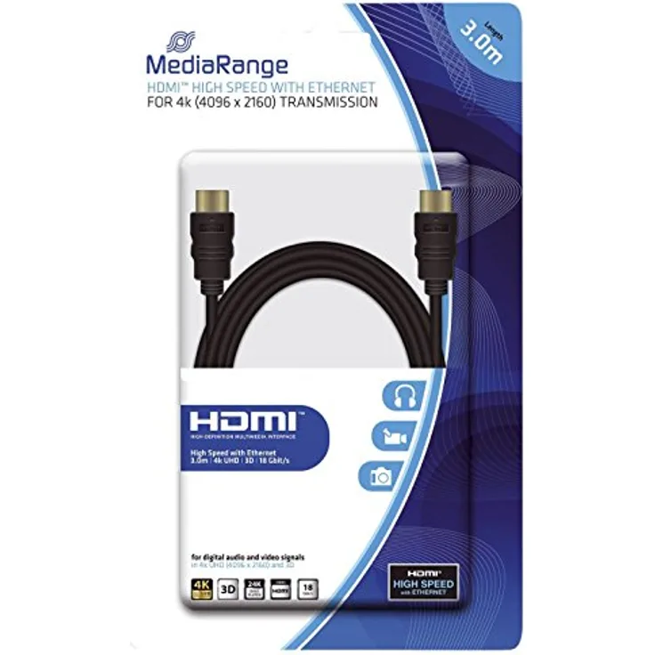 10 Mediarange HDMI Kabel High Speed Ethernet Gold 4K ULTRA HD 3D 3 m schwarz