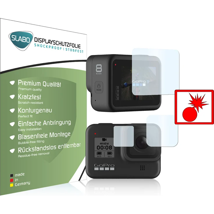 2x Slabo Panzerschutzfolie für GoPro HERO8 Black KLAR ''Shockproof'' (verkleinerte Folien) Displayfolie Schutzfolie Folie