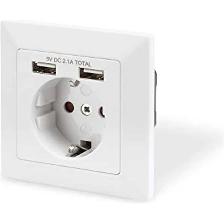 DIGITUS Unterputz-Steckdose mit USB Ladegerät - 2 Buchsen - 5V - 2,1A Gesamt - Reinweiß RAL 9003 - Bis 250V 50Hz