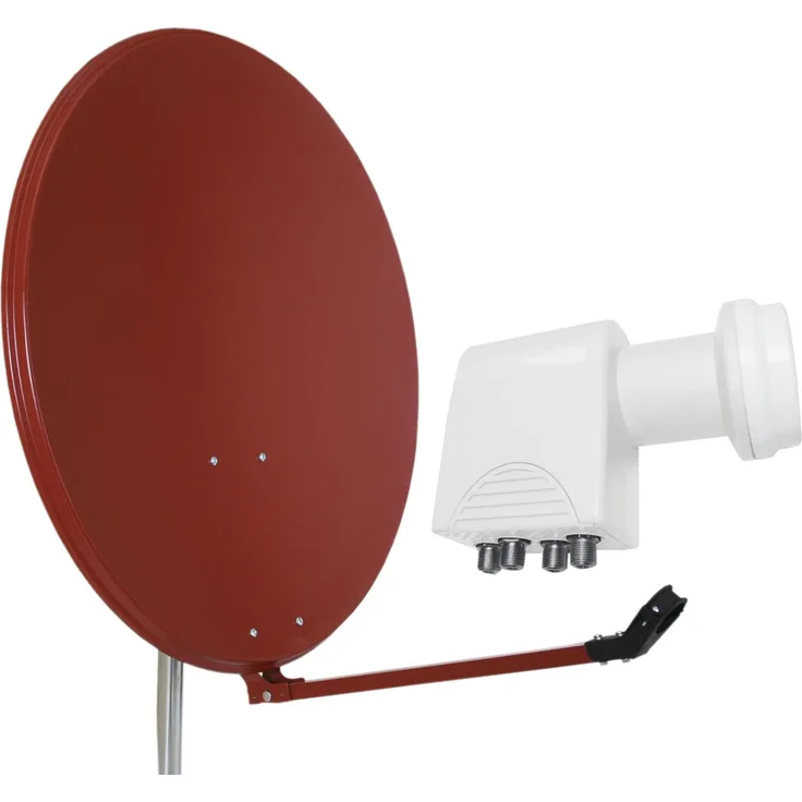 80 cm Delux Spiegel Sat Anlage Stahl/Stahl rot inkl. Quad LNB für 4 Teilnehmer