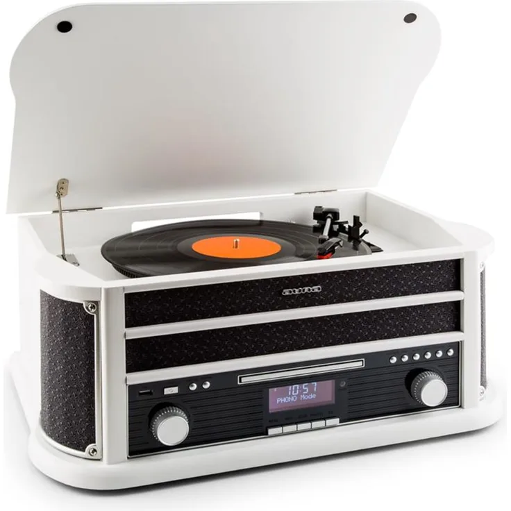 auna Belle Epoque 1908 Retro-Microanlage USB CD MP3 Vinyl Holzgehäuse Weiß, CD-Player / Bluetooth / DAB Radio