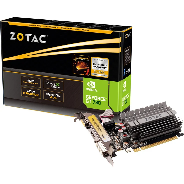 Zotac GeForce GT 730 Zone Grafikkarte (NVIDIA GT 730, 4GB DDR3, 64bit, Base-Takt 902 MHz, 1,6 GHz, DVI, HDMI, VGA, passiv gekühlt) – Bild 1