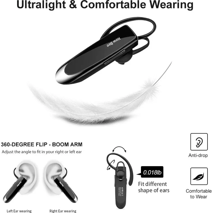 NEW BEE Wireless Freisprech Telefon, Bluetooth-Headset mit Mikrofon, geeignet für Apple iPhone/Samsung/Huawei, 60 Tage Standby, monoaural, schwarz – Bild 4