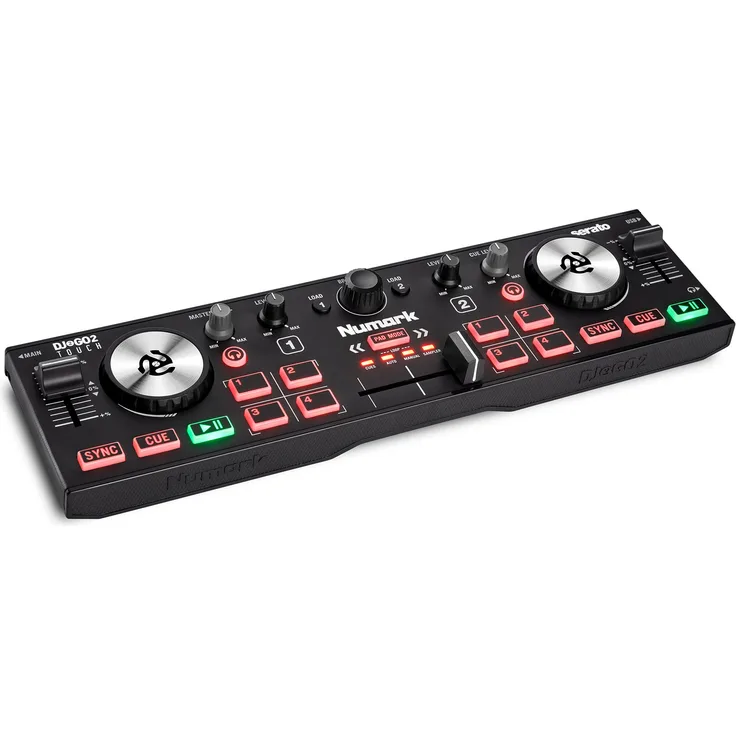 Numark DJ2GO2 Touch ? Kompakter 2-Deck USB DJ-Controller für Serato DJ mit Mixer - Crossfader, Audio Interface und Touch-kapazitiven Jogwheels