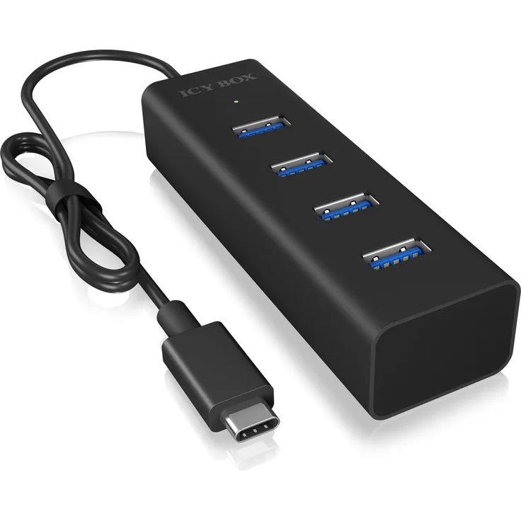 Icy Box IB-HUB1409-C3 4-fach USB-Hub (Type-C Verbindung) mit 4x USB 3.0 (Type-A) Anschlüssen, integriertes Kabel (40 cm), Aluminium, Schwarz