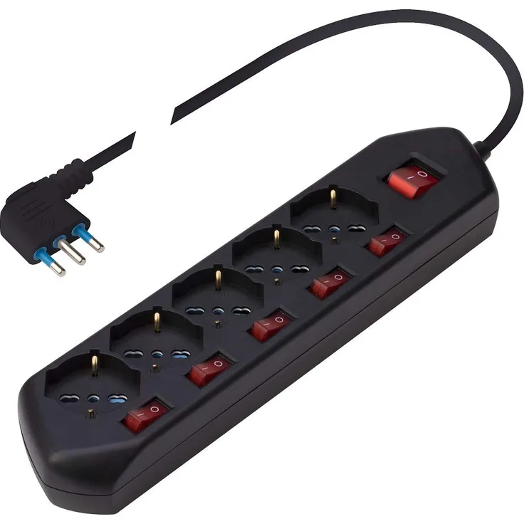 Poly Pool PP2509.2 MULTISWITCH Mehrfachsteckdose mit 5 Steckdosen P40 Pluristandard und 5 Indianerschalter, Spina groß 16 A, 1.5 Meter Kabel, Hauptschalter, Schwarz