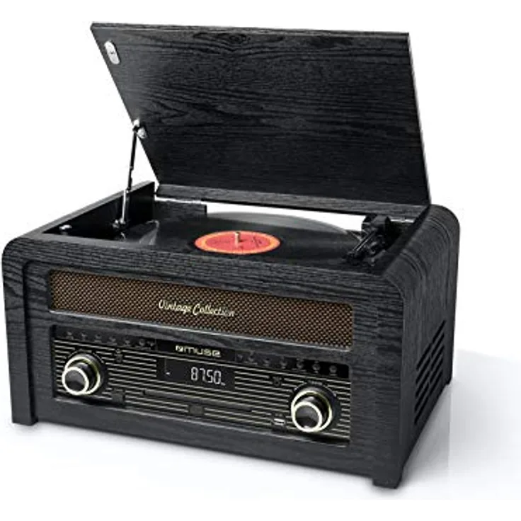 Muse MT-115 CD-Mikrosystem mit Schallplattenspieler & UKW-Radio (30 voreingestellte Sender) im Holzschrank-Design