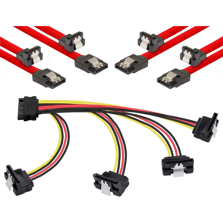 Poppstar Sata Kabel Set (Stecker gerade-90° gewinkelt)), 4x 0,5m Sata 3 Datenkabel, rot + 20cm 4-Fach Y-Stromkabel Adapter