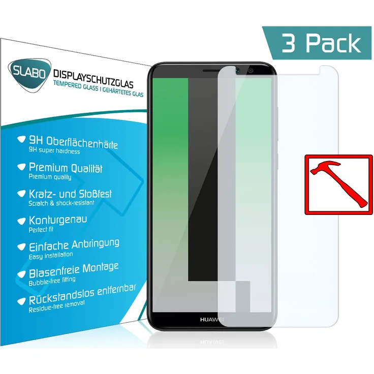 3 x Slabo PREMIUM Panzerglas Huawei Mate 10 Lite Echtglas Displayschutzfolie Schutzfolie Folie (verkleinerte Folien, aufgrund der Wölbung des Displays) ''Tempered Glass'' KLAR - 9H Hartglas