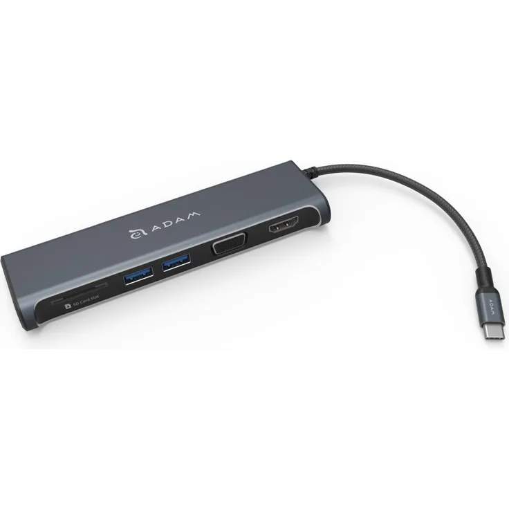 Adam Elements CASA HUB A03 - USB-C Multi-Port Adapter Aluminium 2x USB 3.1, 1x HDMI, 1x VGA, SD-Kartenleser, 4K HDMI und FullHD VGA - Grau
