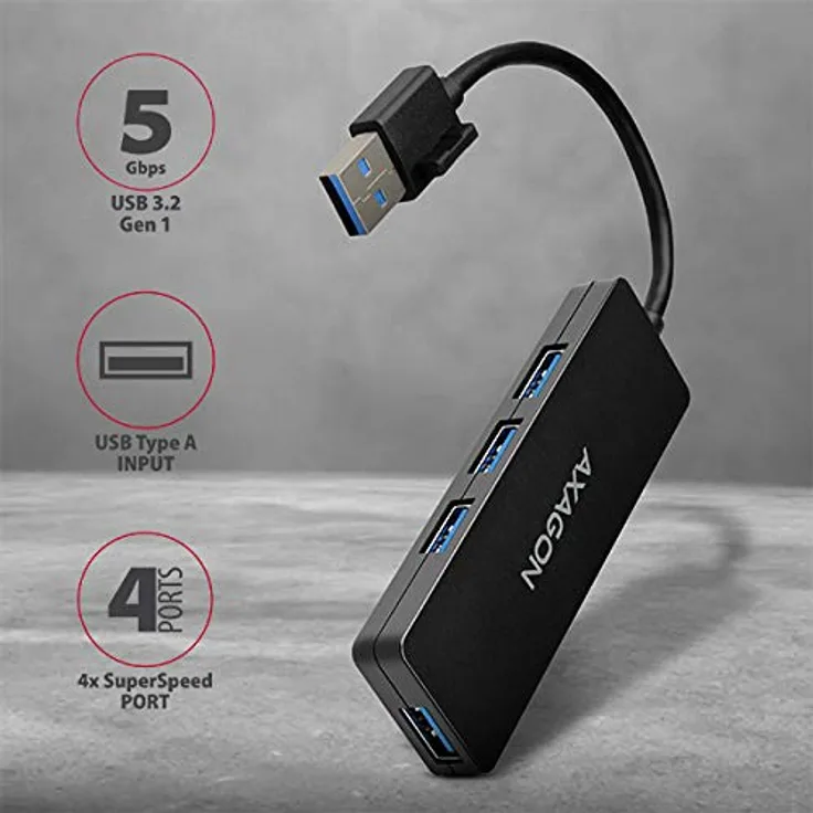 AXAGON HUE-G1A SUPERSPEED USB Slim HUB. Kleiner USB 3.2 Gen 1-Hub mit Vier Anschlüssen für Ultrabooks. Kabeltyp-A 14cm