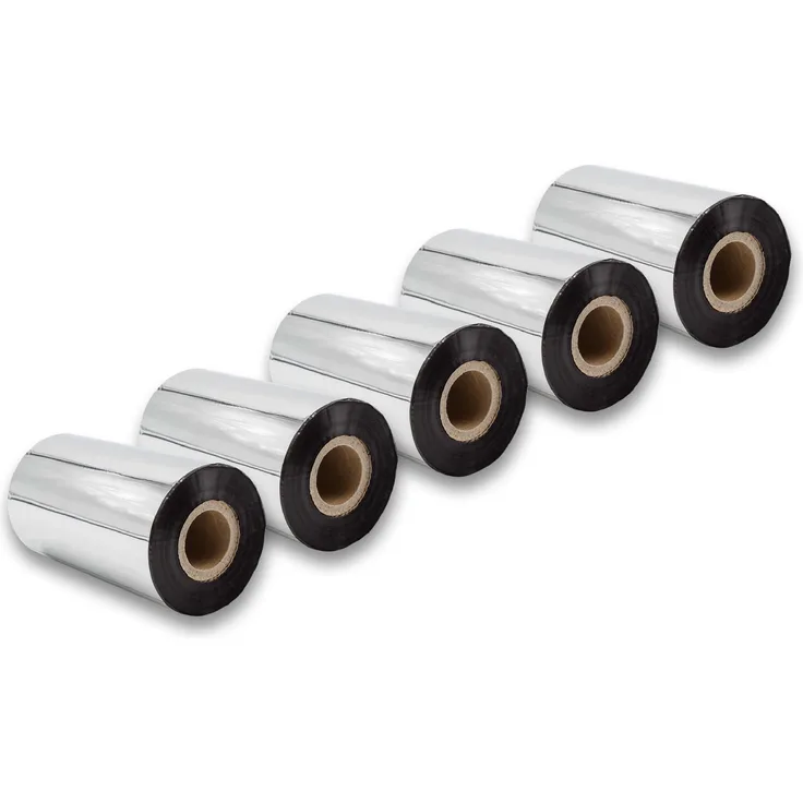 vhbw 5x Thermo-Folie Thermotransferband schwarz 110mm passend für Fax Drucker Zebra Z6M, Z6M+, ZM400, ZM600, ZT200-Serie, ZT220, ZT230