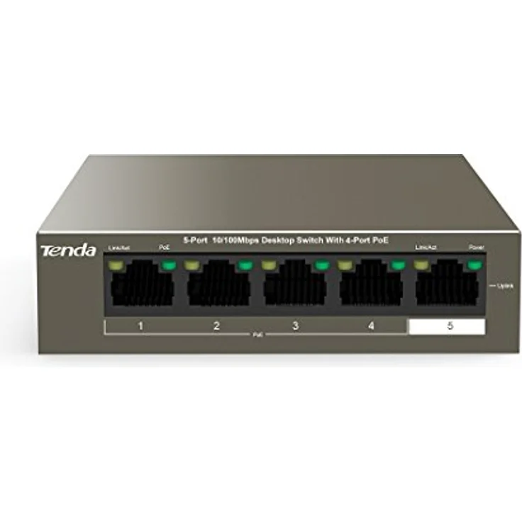 Tenda TEF1105P-4-63W - 5 Port 10-100 MBit-s Desktop Switch mit 4 Port PoE, 63 Watt, Zusätzlich 1x Uplink, Vollduplex, Metallgehäuse, 250 Meter, Plug & Play – Bild 1