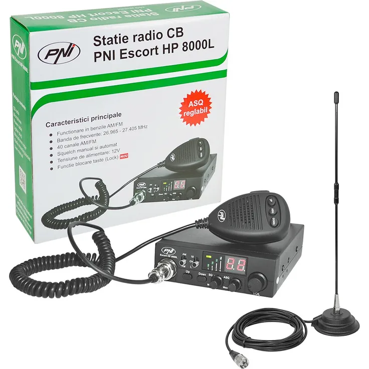 PNI CB Funkgerät KIT Escort HP 8000L ASQ + CB Antenne Extra 40 SWR 1.0, 44 cm Höhe, 4 m RG58 Kabel und magnetische Halterung enthalten