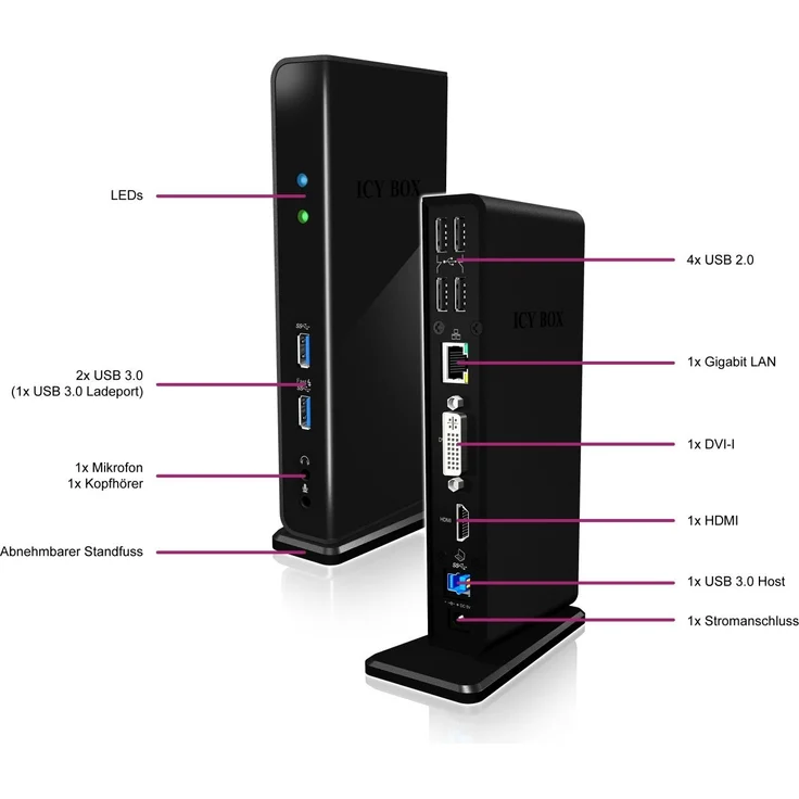 ICY BOX Notebook DockingStation mit USB 3.0 für 2 Monitore, HDMI, DVI, USB Hub, LAN, Schwarz – Bild 4