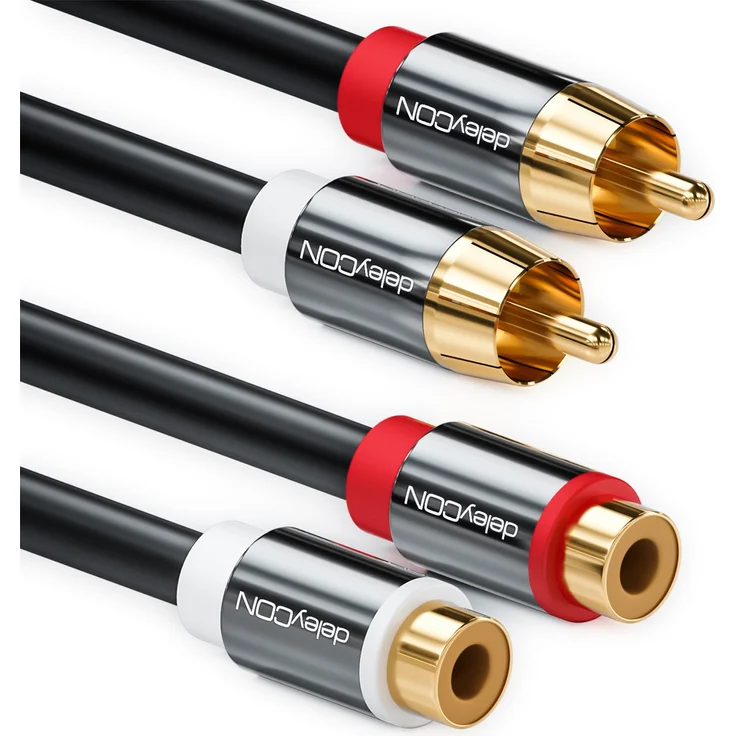 deleyCON 1m Cinch Verlängerung Cinch RCA Verlängerungskabel Stereo Audio Kabel 2x Cinch Stecker zu 2x Cinch Buchse vergoldete Metallstecker Schwarz