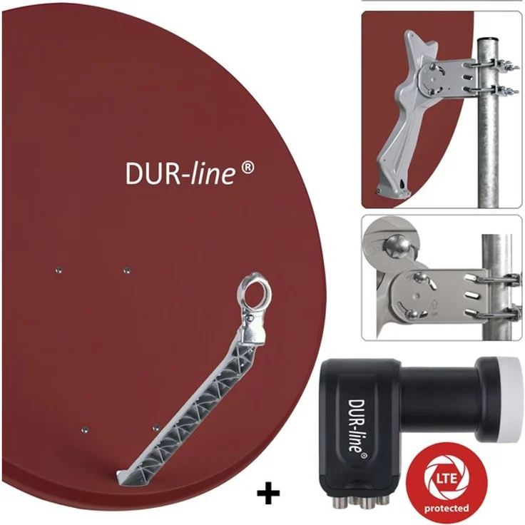 DUR-line 4 Teilnehmer Set - Qualitäts-Alu-Satelliten-Komplettanlage - Select 85/90cm Spiegel/Schüssel Rot + Quad LNB - für 4 Receiver/TV [Neuste Technik, DVB-S2, 4K, 3D] – Bild 1