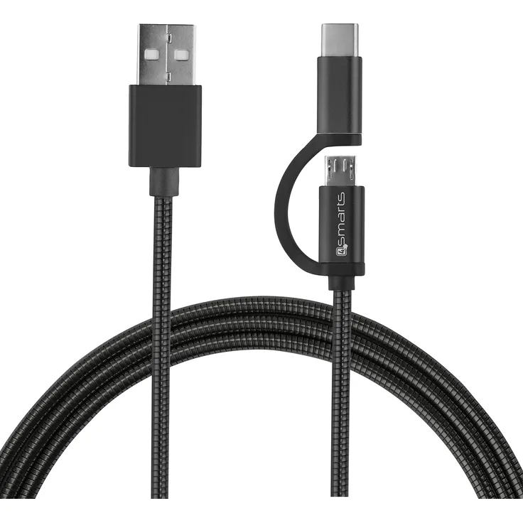 4smarts 468551 USB-A auf Micro-USB/USB-C Datenkabel mit Metall-Kabelmantel, 1 m Länge schwarz