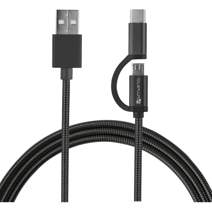 4smarts 468551 USB-A auf Micro-USB/USB-C Datenkabel mit Metall-Kabelmantel, 1 m Länge schwarz