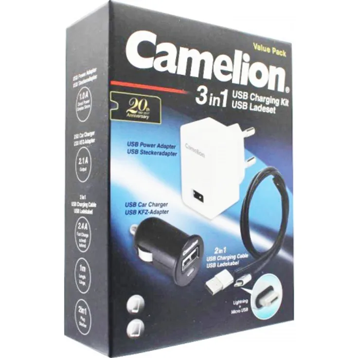3in1 USB Ladeset 100 bis 240 Volt und 12 bzw. 24 Volt, passend für Apple iPhone