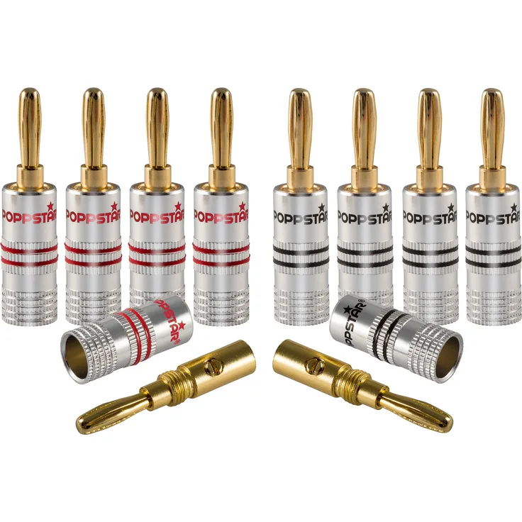 Poppstar 10x High End Bananenstecker, Bananas für Lautsprecherkabel (bis 6 mm²), Lautsprecher, AV Receiver, 24k vergoldete Kontakte (5x schwarz, 5x rot)