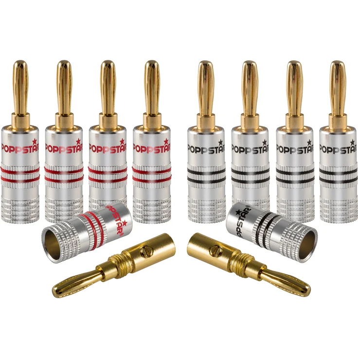 Poppstar 10x High End Bananenstecker, Bananas für Lautsprecherkabel (bis 6 mm²), Lautsprecher, AV Receiver, 24k vergoldete Kontakte (5x schwarz, 5x rot) – Bild 1