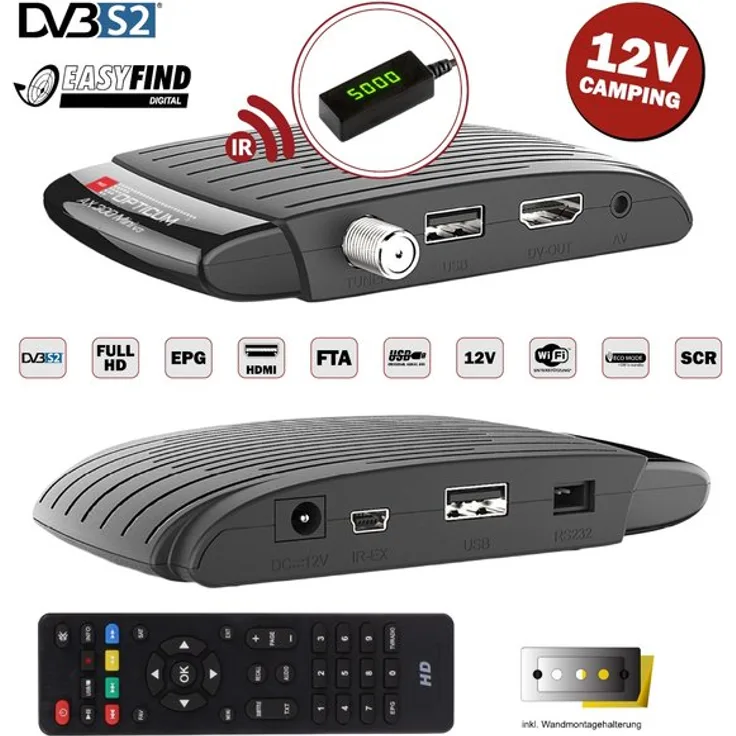 Opticum Red AX 300 Mini V3, digitaler HD Satellitenreceiver / externer IR Sensor mit Display / 1080p Full HD / USB / HDMI / 12V Netzteil ideal für den Campingurlaub